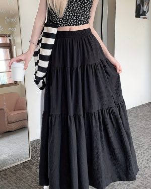 TEMU Spring And Autumn Women's High-waisted Slimming Versatile White Midi Skirt With Elastic Waist, Mid-length Black Skirt With Lining, Beach Party