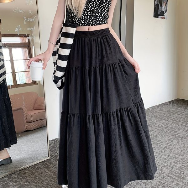 TEMU Spring And Autumn Women's High-waisted Slimming Versatile White Midi Skirt With Elastic Waist, Mid-length Black Skirt With Lining, Beach Party