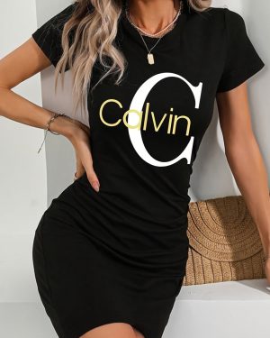 TEMU Stylish Black Print T-shirt Dress - Sexy Bodycon Fit, Round Neck, Stretchy Polyester Blend, Machine Washable, Spring/summer Casual Wear, Evening