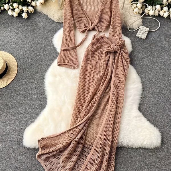 TEMU Stylish Cutout Beach Vacation - Sexy Split Bodycon Bikini Set Dress For Spring, Summer & Autumn With Semi-sheer Design