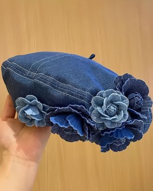 TEMU Stylish Denim Beret Hat For Women - French Painter Artist Sun Hat With Adjustable Strap, Breathable Floral Embellishment, Design For Casual