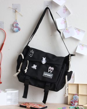 TEMU Stylish Large-capacity Gym Bag, Retro Messenger-style Nylon Crossbody Backpack With 4 Patches; Unisex Design, , Shopping, And Workouts