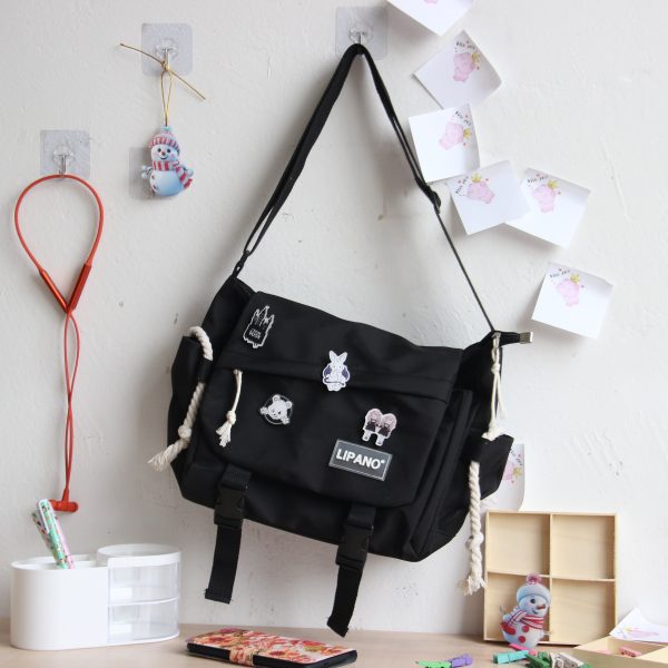 TEMU Stylish Large-capacity Gym Bag, Retro Messenger-style Nylon Crossbody Backpack With 4 Patches; Unisex Design, , Shopping, And Workouts