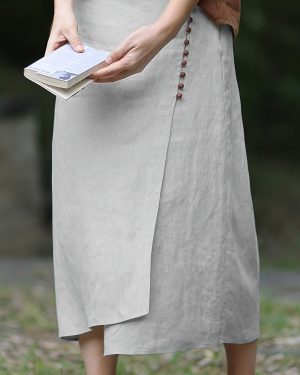 TEMU Vintage A-line Skirt With Elastic Back Waistband And Button Details - Beige, Asymmetrical Hem, Loose Fit, Spring/summer/fall, Casual Attire,