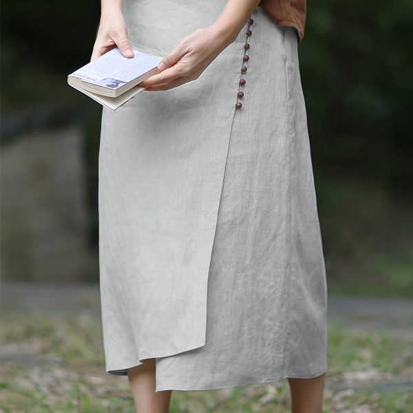 TEMU Vintage A-line Skirt With Elastic Back Waistband And Button Details - Beige, Asymmetrical Hem, Loose Fit, Spring/summer/fall, Casual Attire,