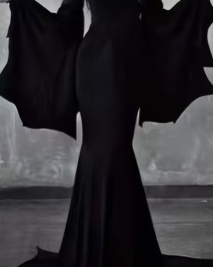 TEMU Vintage Gothic Halloween Dress, Off Shoulder Long Sleeve Mermaid Skirt, Solid Color Polyester 100%, Floor-length Knit Fabric, Regular Fit - Bat