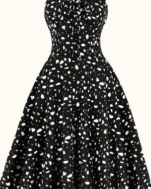 TEMU Vintage Off-shoulder A-line Dress For Women - Black With White Polka Dot Pattern, Sleeveless, Cinched Waist, Spring/summer, Strapless