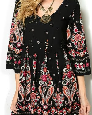 TEMU Vintage Paisley Print V-neck Peplum Dress With -quarter Sleeves, Polyester Knit Fabric, Casual Fall/winter Motif Style For Adults
