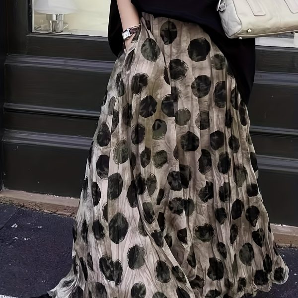 TEMU Vintage-inspired Hem Midi Skirt For Women - Pink With White Dots, Loose Fit, A-, , Polyester Fabric, A-line Skirt | Retro Style Skirt | Pleated