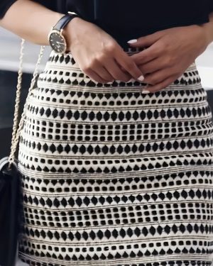 TEMU [ Wear] Elegant High-waist Geometric Print Bodycon Skirt For Women - Stretchy, Form-fitting Mini Skirt With Black And White , Casual Or Formal