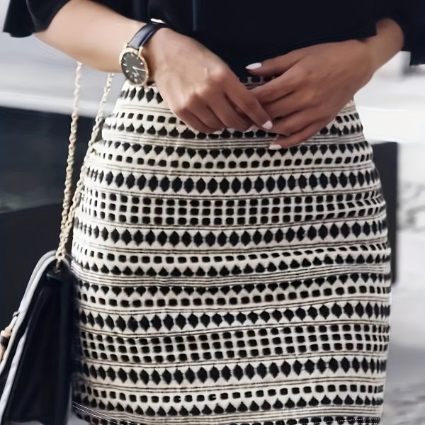 TEMU [ Wear] Elegant High-waist Geometric Print Bodycon Skirt For Women - Stretchy, Form-fitting Mini Skirt With Black And White , Casual Or Formal
