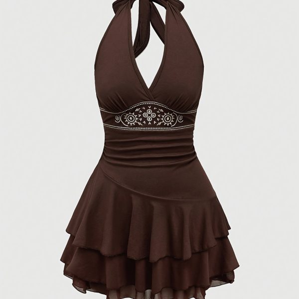 TEMU Women' Brown Halter Dress With Floral Embroidery, Layered Hem & Backless Design - Sexy Summer Pencil Skirt Style, Stylish Evening Attire |