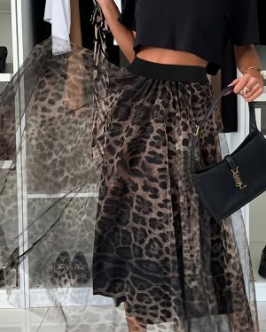 TEMU Women' Leopard Print A-line Maxi Skirt With Elastic Waist - Lightweight Polyester, Flowing Design For Spring/summer Fashion, Commuting Or Casual