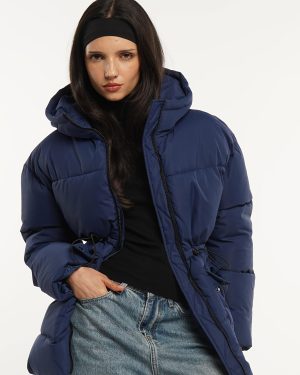 TEMU Women' Mid-length Winter Puffer Jacket With Hood, Drawstring Waist, And Large Pockets - Navy Blue, Warm Polyester Outerwear For Cold Weather,