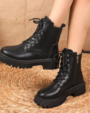 TEMU Women' Platform Combat Boots - Lace-up, Round Toe, Mid-heel, Thick Sole, Elegant British Style, Wear, Comfortable Fabric Lining, Durable Rubber