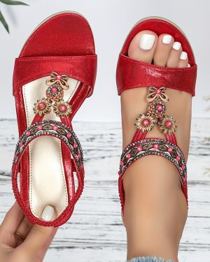 TEMU Women' Red Sequin Bohemian Slip-on Sandals - Thick Platform Wedge Heel, Open-toe Summer Shoes With Cover Straps & Tpu Sole For Casual , Beach,