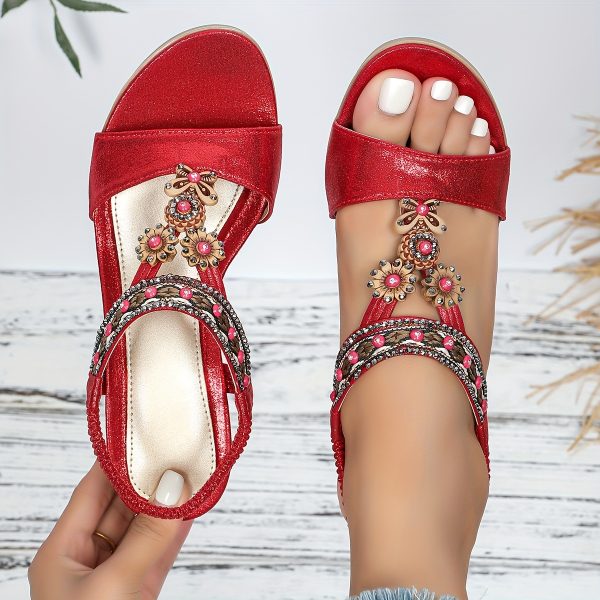 TEMU Women' Red Sequin Bohemian Slip-on Sandals - Thick Platform Wedge Heel, Open-toe Summer Shoes With Cover Straps & Tpu Sole For Casual , Beach,
