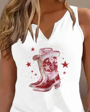 TEMU Women' V-neck Tank Top With Red Cowboy Boot & Stars Print, Casual Sleeveless Fashion Vest, Breathable Polyester For All , Western Style Top |