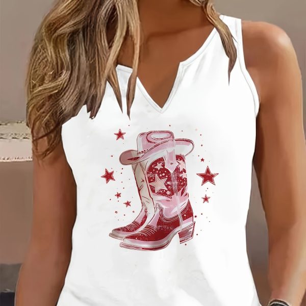 TEMU Women' V-neck Tank Top With Red Cowboy Boot & Stars Print, Casual Sleeveless Fashion Vest, Breathable Polyester For All , Western Style Top |