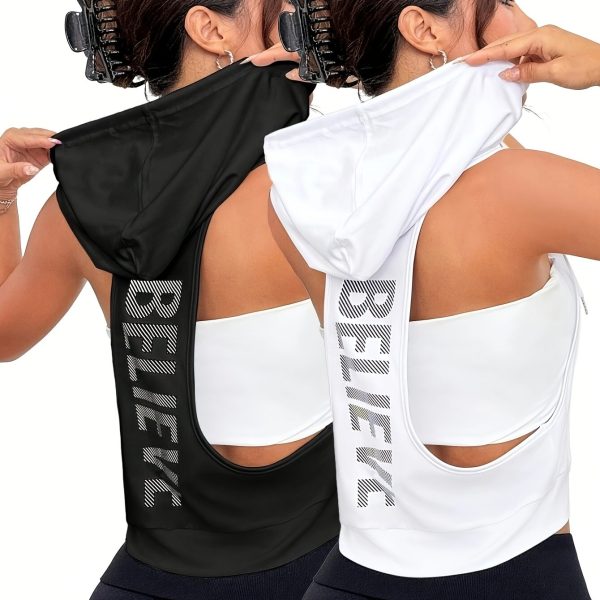 TEMU Women's 2pcs Sleeveless Hooded Tank Tops - Stretchy Polyester Activewear, White & Black, Casual Sporty Design, Machine Washable, Spring/summer