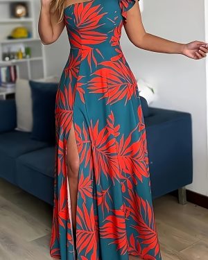 TEMU Women's Asymmetric One-shoulder Sleeveless Dress With High-low Hem & Tropical Leaf Print - Slim Fit A-line Maxi Dress With Hem, Red & Teal, Hand
