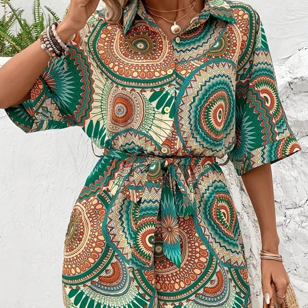 TEMU Women's Bohemian Summer Jumpsuit - Ethnic Circle Print Short Sleeve Button-up Top With Wide-leg A-line Skirt, Adjustable Waist Tie & Machine