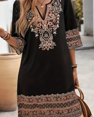 TEMU Women's Bohemian V-neck Maxi Dress With Intricate Designs - Black & Beige Geometric Print, Short Sleeve, Flowy A-line Skirt, Machine Washable