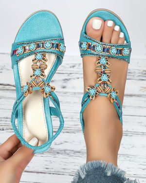 TEMU Women's Bohemian Wedge Sandals - Open-toe Summer Platform Shoes With Floral Embellishments, Light Blue Cover & Beige Sole, Comfortable Casual