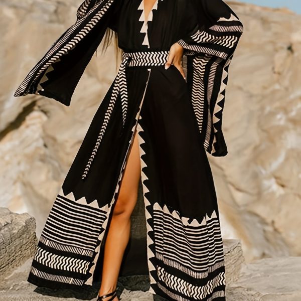 TEMU Women's Boho Style Black Kimono Cover-up With White Geometric Print - Loose Fit, Casual Beach Cover-up For Vacation, Bikini Swimsuit Cover,