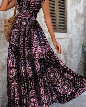 TEMU Women's Boho-chic V-neck Maxi Dress With Floral Print - Short Sleeve, A-line Silhouette, Lightweight Polyester, Spring/summer Vacations, Casual