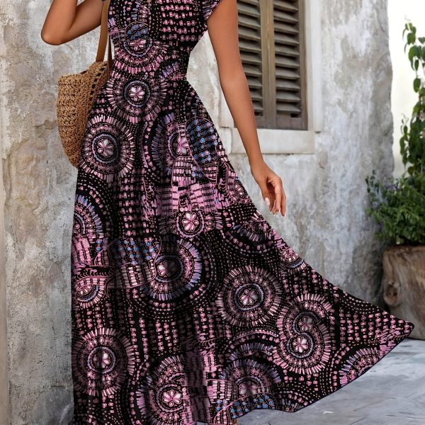 TEMU Women's Boho-chic V-neck Maxi Dress With Floral Print - Short Sleeve, A-line Silhouette, Lightweight Polyester, Spring/summer Vacations, Casual