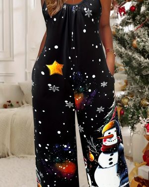 TEMU Women's Casual Christmas Print Jumpsuit With Pockets - Crew Neck Slingback Wide Leg Pantsuit | Polyester & Spandex | Knit Fabric | All Season