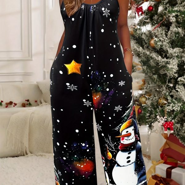 TEMU Women's Casual Christmas Print Jumpsuit With Pockets - Crew Neck Slingback Wide Leg Pantsuit | Polyester & Spandex | Knit Fabric | All Season