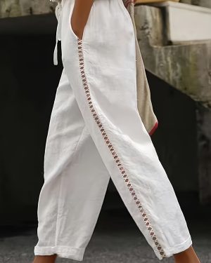TEMU Women's Casual Crochet Trim Wide-leg Pants - White Straight-leg Trousers With Hem, Spring/summer/fall, Lightweight & Breathable Fabric, High
