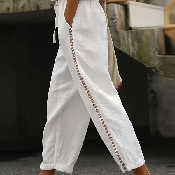 TEMU Women's Casual Crochet Trim Wide-leg Pants - White Straight-leg Trousers With Hem, Spring/summer/fall, Lightweight & Breathable Fabric, High