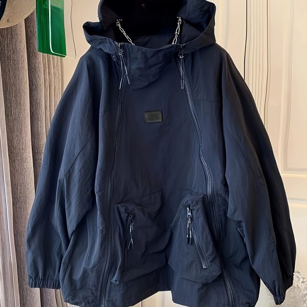 TEMU Women's Casual Hooded Windbreaker Jacket With Zipper Pockets - Navy Blue, Long Sleeve, Spring/fall Fashion, Casual Outerwear | Zippered Jacket |