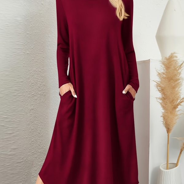 TEMU Women's Casual Long Sleeve A-line Dress - Solid Color Black Mid-length With Pockets, Machine Washable & Medium Stretch For Fall/winter , Cozy