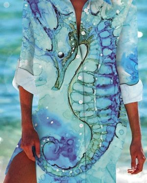TEMU Women's Casual Loose--over Marine Animal Print Beach Shirt Dress - Short Sleeve Button-front Collared Shirt Dress With Seashell & Starfish