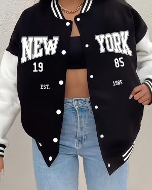 TEMU Women's Casual New 1985 Print Varsity Jacket, Polyester Baseball Collar, Alphabet Pattern, Lightweight Fall/winter Outerwear