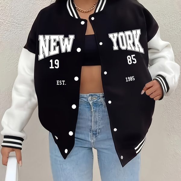 TEMU Women's Casual New 1985 Print Varsity Jacket, Polyester Baseball Collar, Alphabet Pattern, Lightweight Fall/winter Outerwear