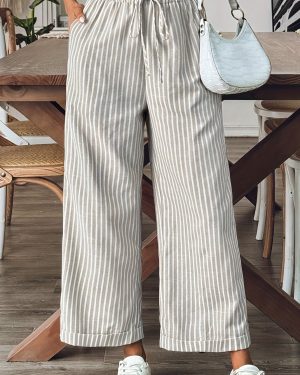 TEMU Women's Casual Straight-leg Cropped Pants - Elastic Waistband, Relaxed Fit, Striped Print, Machine Washable, Spring Summer Fall Versatile Lounge