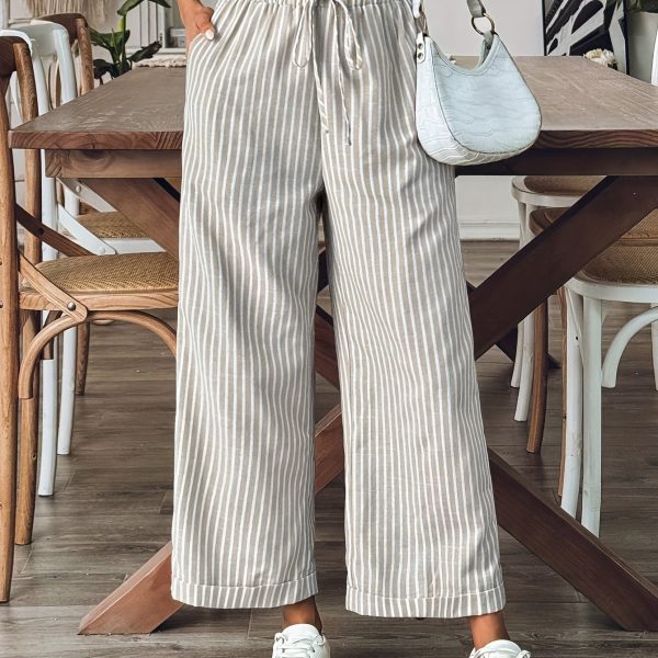 TEMU Women's Casual Straight-leg Cropped Pants - Elastic Waistband, Relaxed Fit, Striped Print, Machine Washable, Spring Summer Fall Versatile Lounge