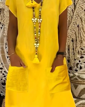 TEMU Women's Casual -neck Short Sleeve Dress With Pockets - Lightweight Polyester A-line Skirt For Spring/summer, , Fall Fashion | Vibrant Yellow