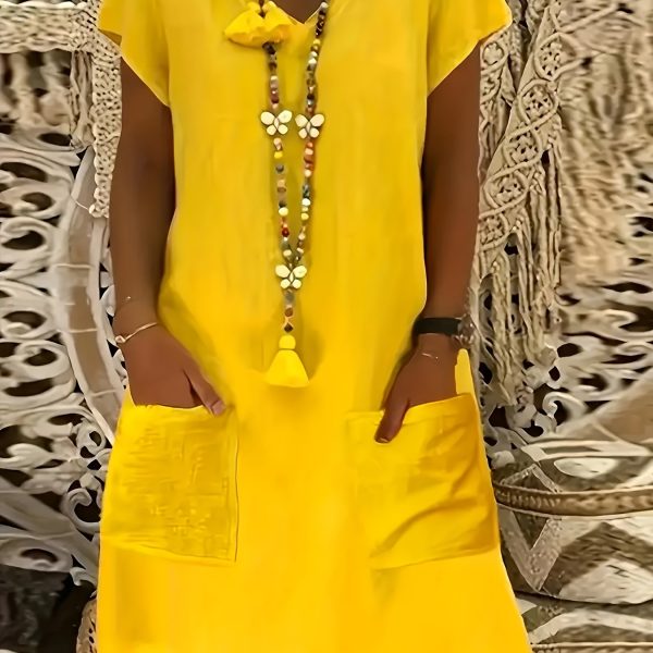TEMU Women's Casual -neck Short Sleeve Dress With Pockets - Lightweight Polyester A-line Skirt For Spring/summer, , Fall Fashion | Vibrant Yellow