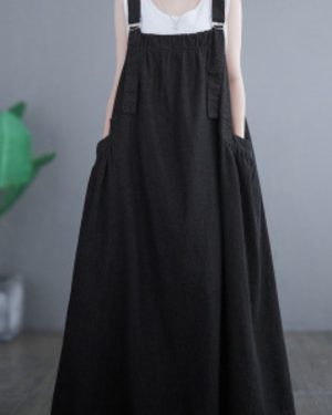 TEMU Women's Chic Black Denim Overall Dress - Casual Sleeveless Jumper Skirt With Pockets, Hem & Adjustable Straps, Spring/summer/fall