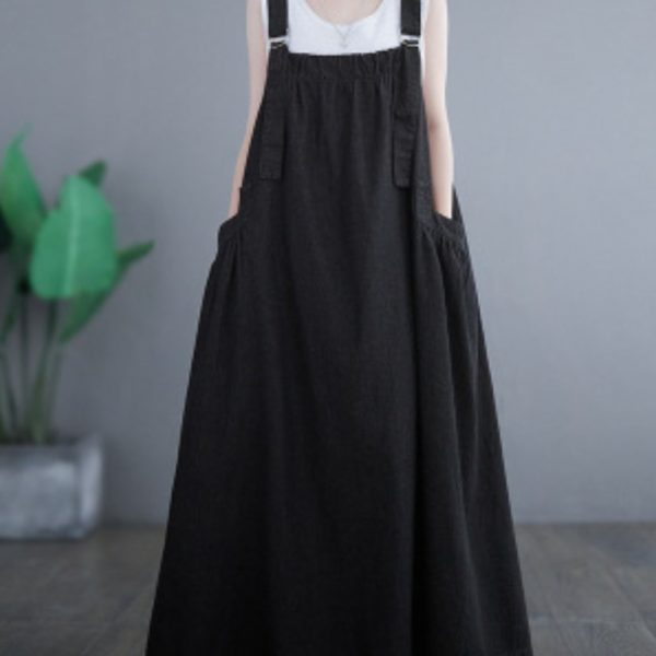 TEMU Women's Chic Black Denim Overall Dress - Casual Sleeveless Jumper Skirt With Pockets, Hem & Adjustable Straps, Spring/summer/fall