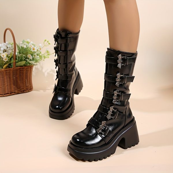 TEMU Women's Chunky Heel Mid-calf Boots - Gothic Style With , Thick Platform Sole, Pu Cover & Rubber Outsole, Versatile For Casual & Halloween