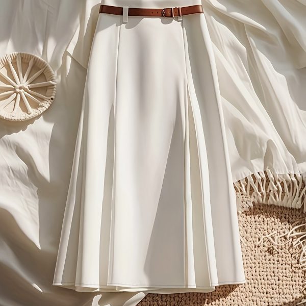 TEMU Women's Elegant Belted A-line Skirt - 100% Polyester Machine-washable Solid Color Skirt With Texture, Versatile Office To Casual Wear