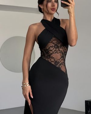 TEMU Women's Elegant Black Contrast Lace Panel Pencil Dress - Neck Sleeveless Solid Color, Machine Washable Spring Summer Fall Office Party Wear,