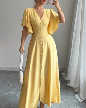 TEMU Women's Elegant Casual V-neck Midi Dress Sleeves & Button Detail - Mustard Yellow Pencil Skirt, Machine Washable Summer Dress For Spring/, ,